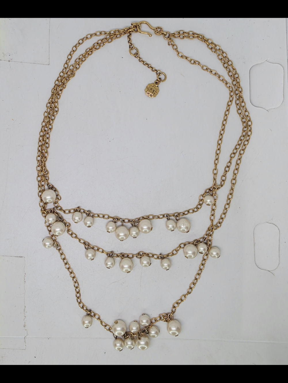 Vtg Monet Chain Link Multi Strand Faux Pearl Charm Necklace Gold Tone Statement